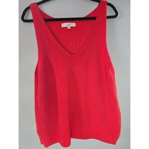 LOFT Coral Knit Tank Top Size Large V Neck Sleeveless Cotton Sweater Tank Bright